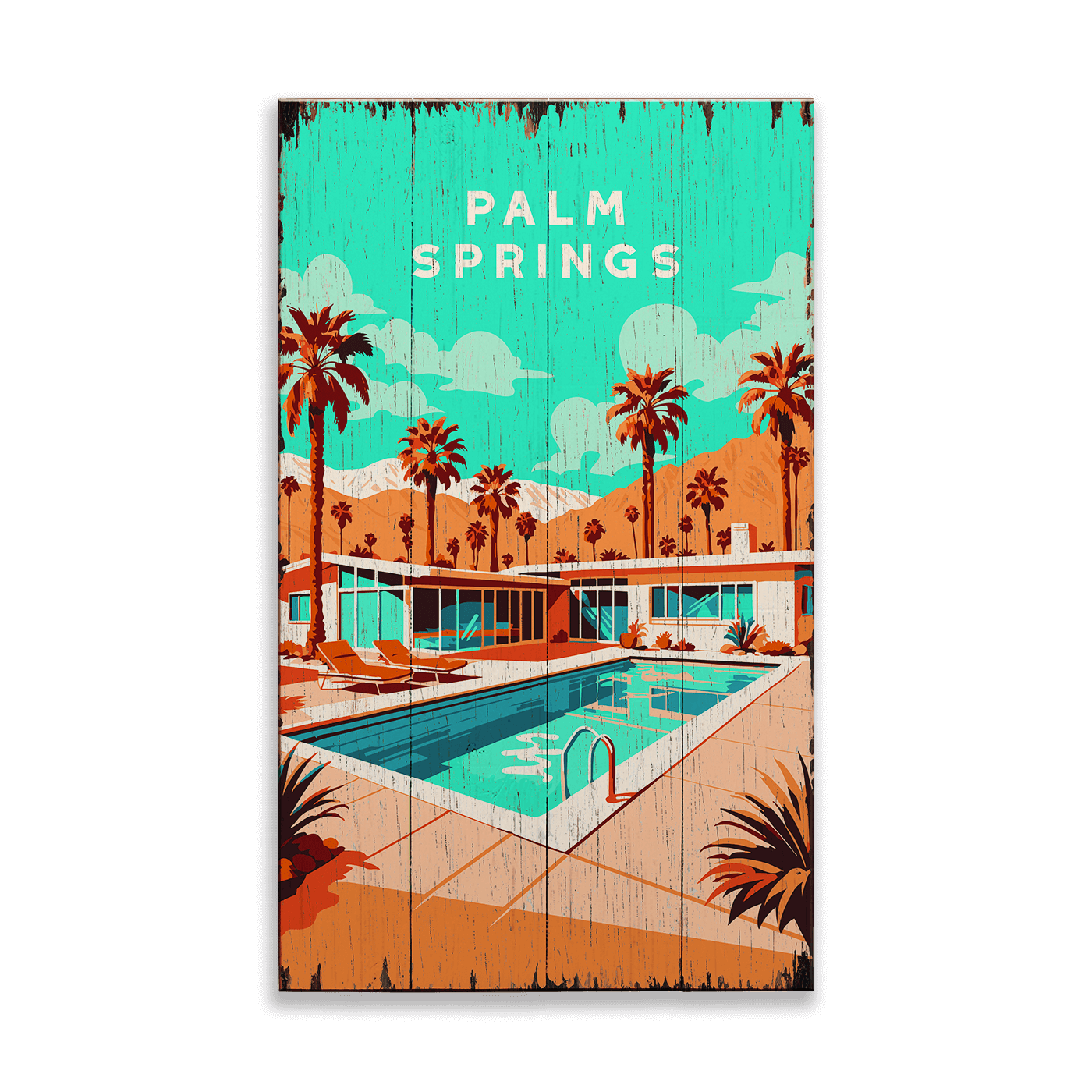 Palm Springs Pool Scene: Distressed Finish - Wood & Metal Wall Art