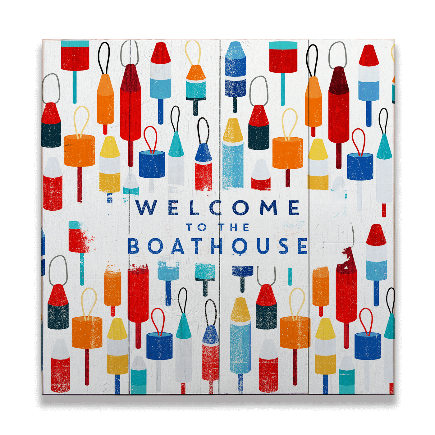 Beach House Buoy Welcome: Square - Wood & Metal Wall Art