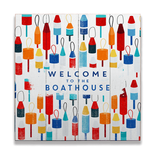 Beach House Buoy Welcome: Square - Wood & Metal Wall Art