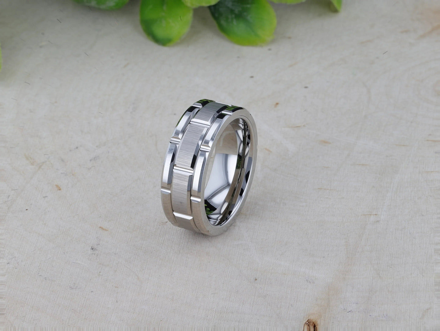 WARWICK Beveled Tungsten Carbide Wedding Band with Brush Finished Center and Alternating Grooves - 8mm