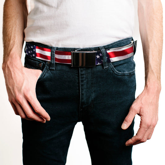 Web Belt Blank Black Buckle - American Flag Vivid CLOSE-UP Webbing