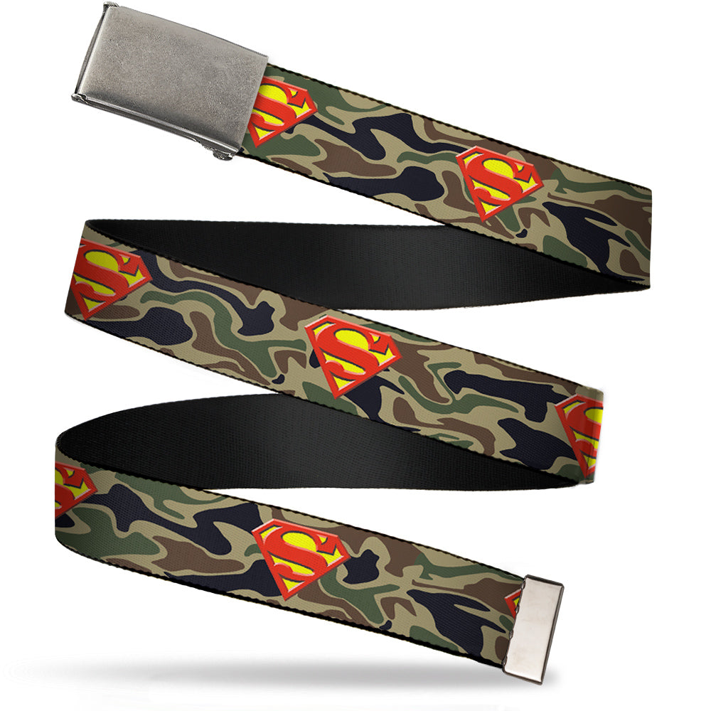 Chrome Buckle Web Belt - Superman Shield Camo Olive Webbing