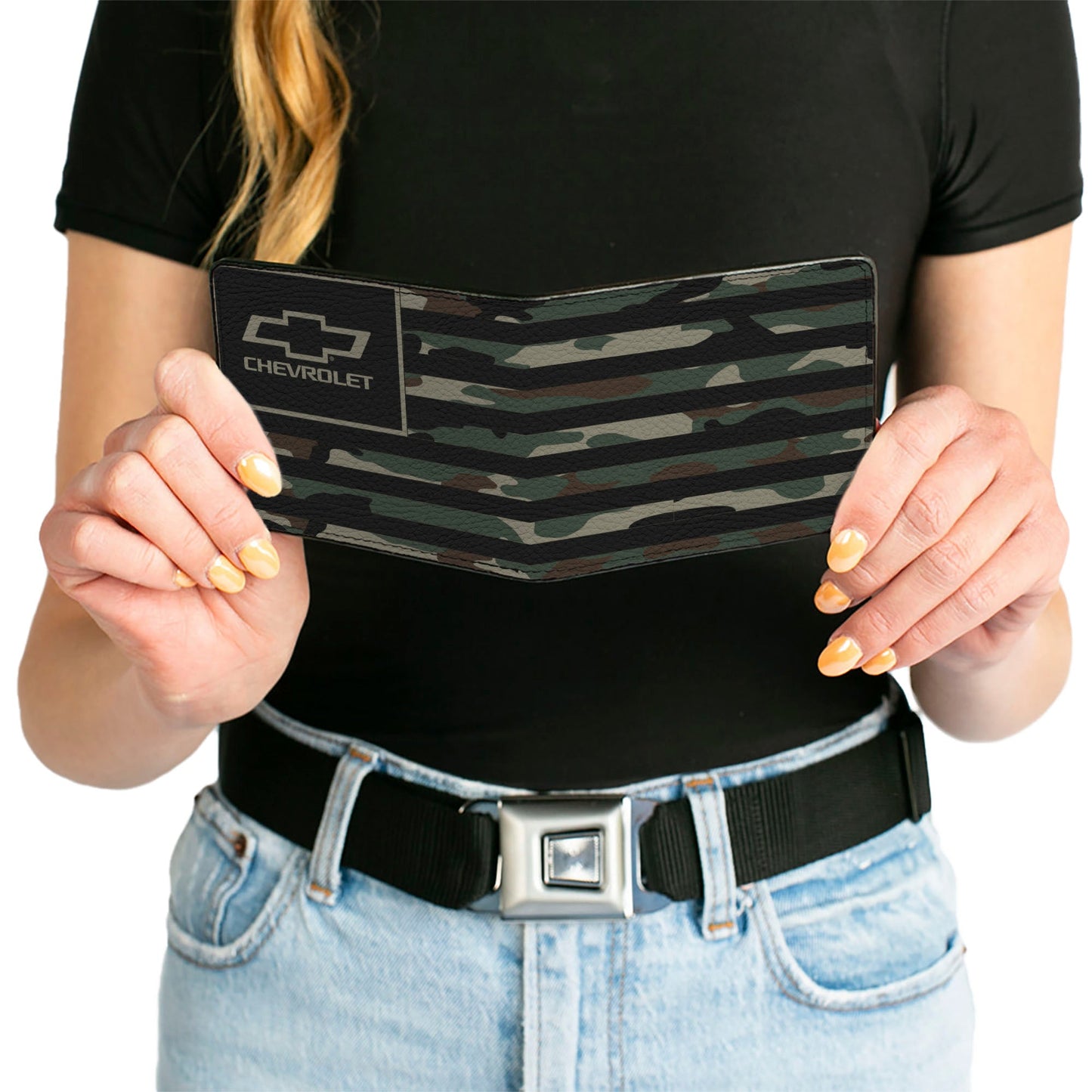 Bi-Fold Wallet - CHEVROLET Bowtie Americana Flag Weathered Camo Olive Black