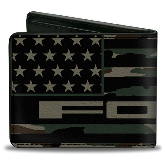 Bi-Fold Wallet - FORD Script Americana Flag Weathered Camo Olive Black Tan