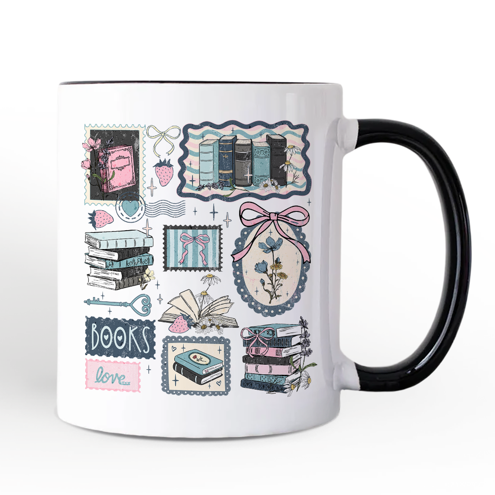 Bookish Love Collage Reader Mug, Vintage Bookworm Aesthetic Gift