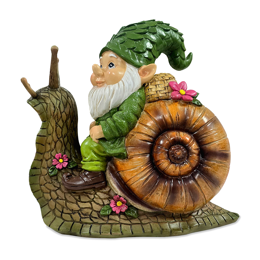 The Snailbound Gnome Cute Verdant Garden Statue, 10" Outdoor Yard or Forest Snail Decoration