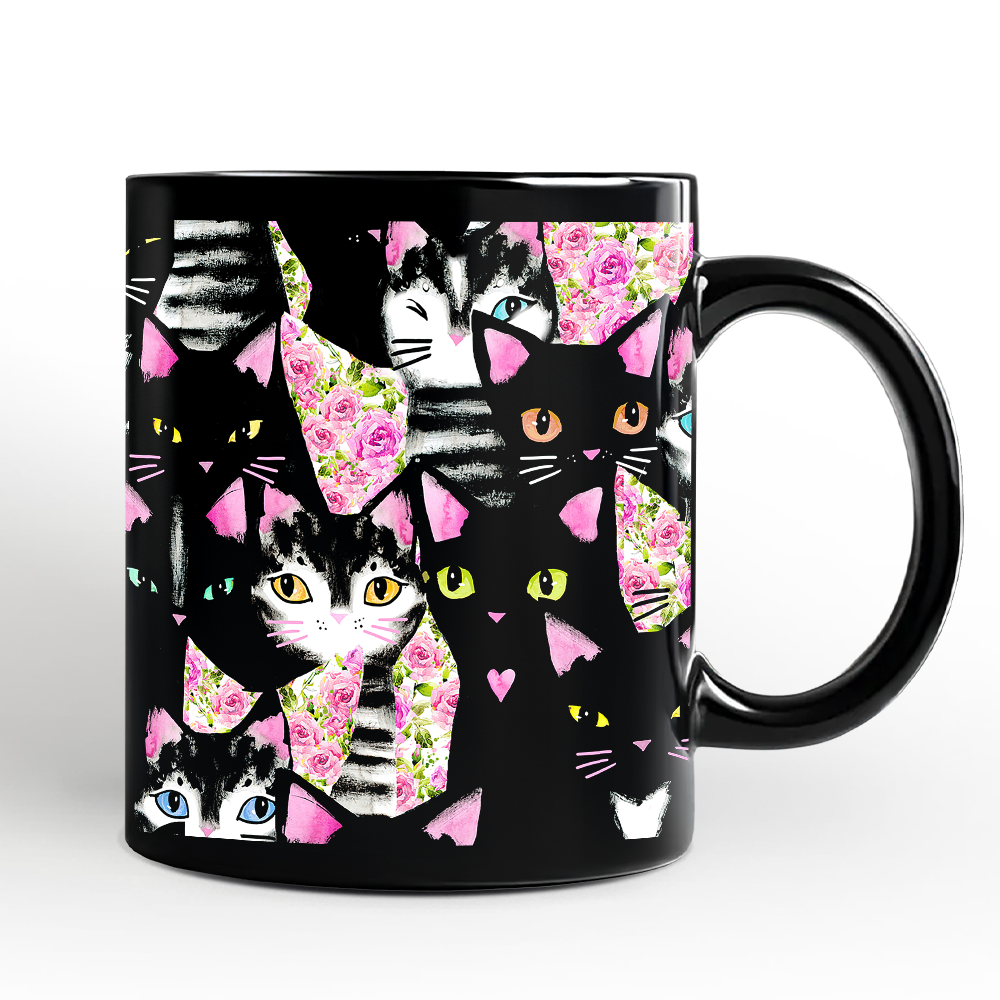 Floral Black And Pink Cats Pattern Cute Mug, Kitten Collage Gift for Cat Lovers