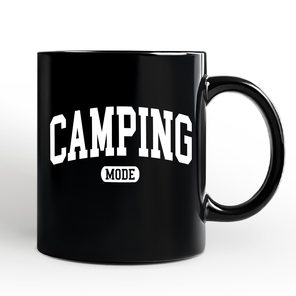 Camping Mode Varsity Mug, Minimalist Outdoors Gift