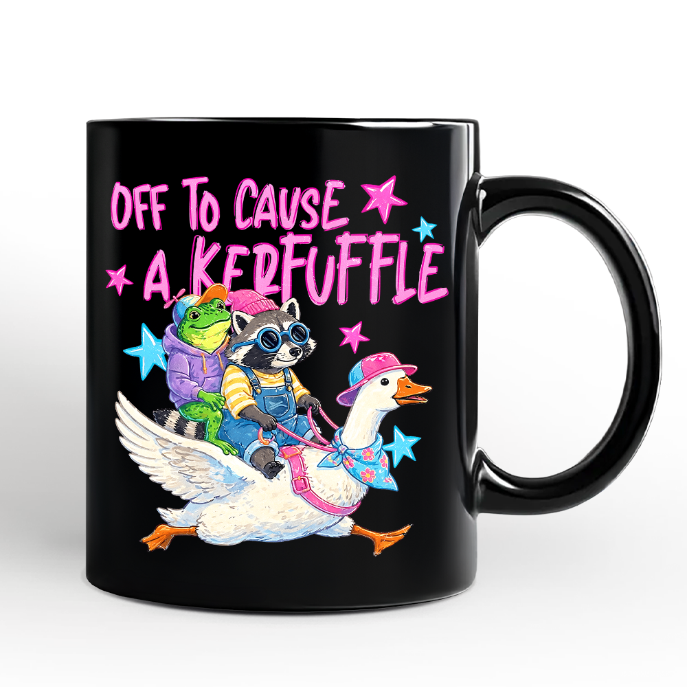 Off To Cause A Kerfuffle Mug, Frog Raccoon Goose Funny Animal Gift