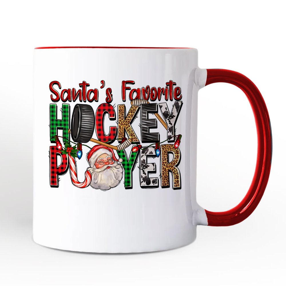 Santa’s Favorite Hockey Player Personalized Mug, Plaid Christmas Athelete Gift with Custom Name
