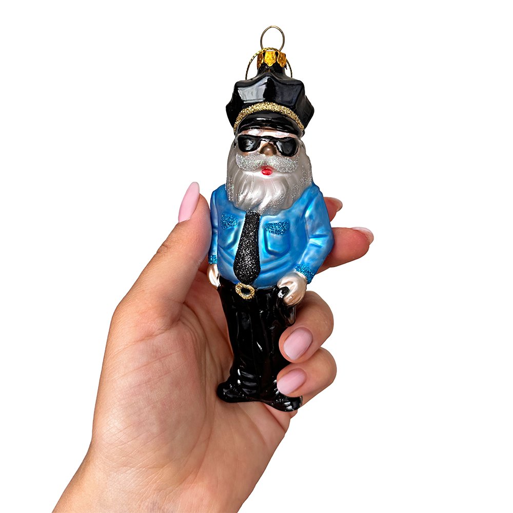 Santa the Police Officer Glass Christmas Ornament, Law Enforcement Cop Tree Decor