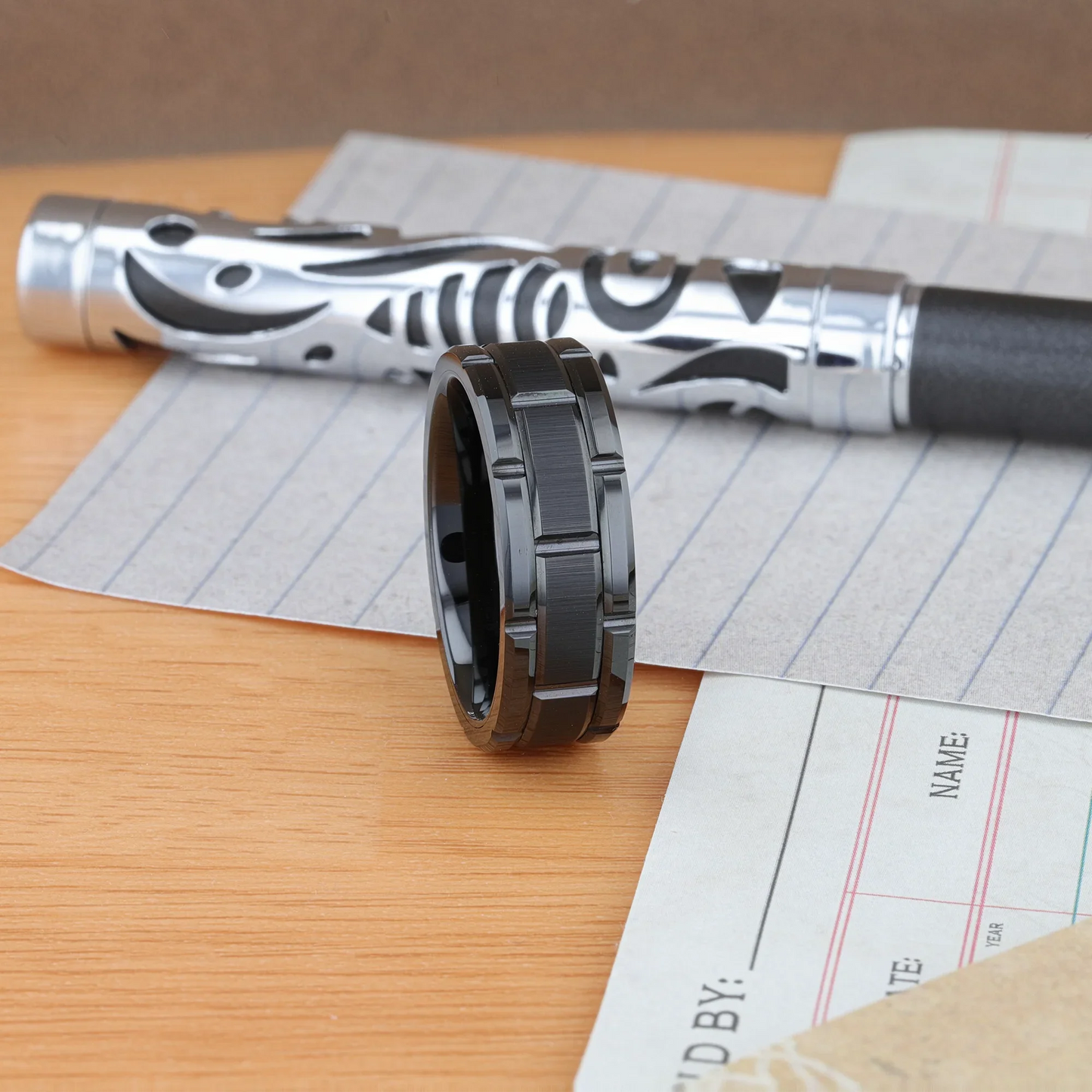 WINDSOR Beveled Black Tungsten Carbide Wedding Band with Brushed Center and Alternating Grooves – 8mm & 10mm