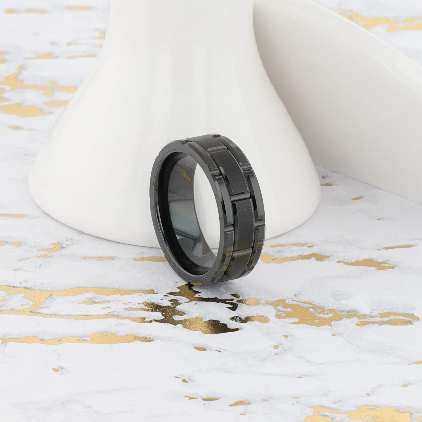 WINDSOR Beveled Black Tungsten Carbide Wedding Band with Brushed Center and Alternating Grooves – 8mm & 10mm