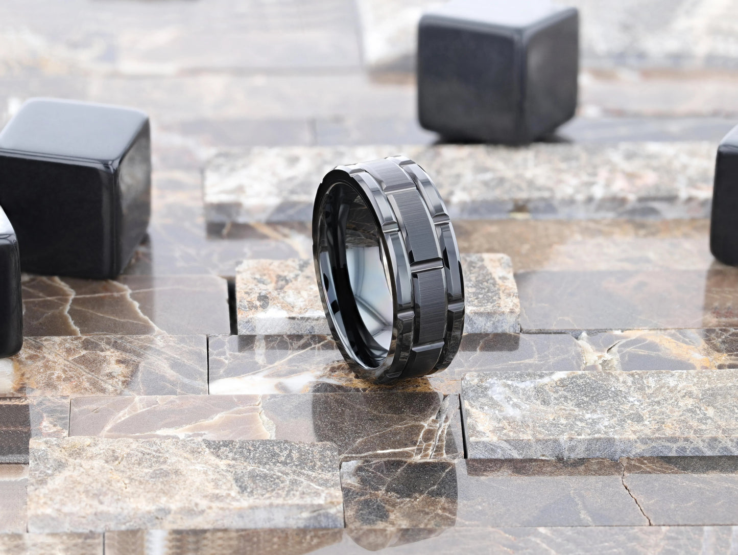 WINDSOR Beveled Black Tungsten Carbide Wedding Band with Brushed Center and Alternating Grooves – 8mm & 10mm