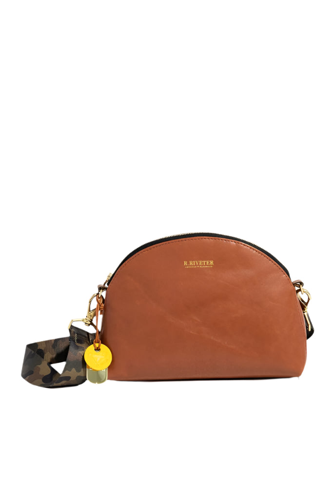 Hopper | Riveter Tan Leather Crossbody Bag with Camo Webbed Strap