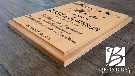 Recognition Plaque - Custom Appreciation Award Gift - Promotion, Retirement, or Achievement - Solid Wood