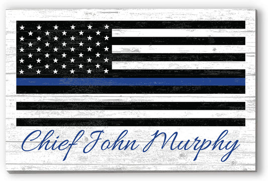 Personalized Thin Blue Line Flag Sign - Police & Law Enforcement Gift - Solid Wood