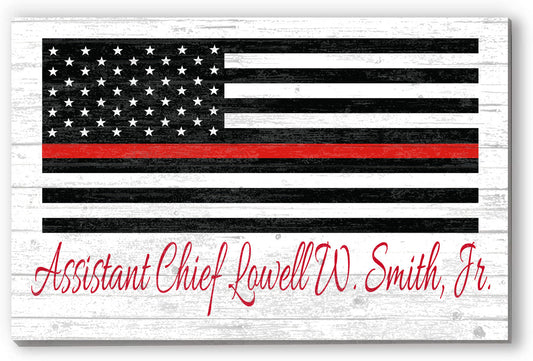Personalized Thin Red Line Flag Sign – Custom Firefighter Name Wall Art | Fire Department Gift Solid Wood