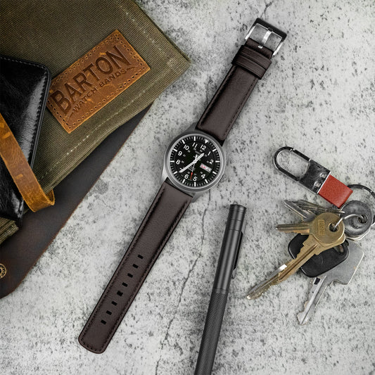 Dark Brown Water Resistant Leather Brown Stitching Watch Band