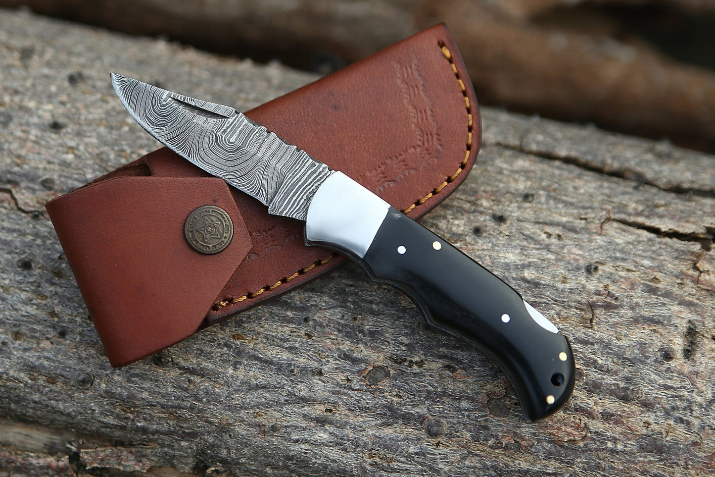 Custom Hand Forged Damascus Folding Knife With Bull Horn & Steel Bolster WH 1668