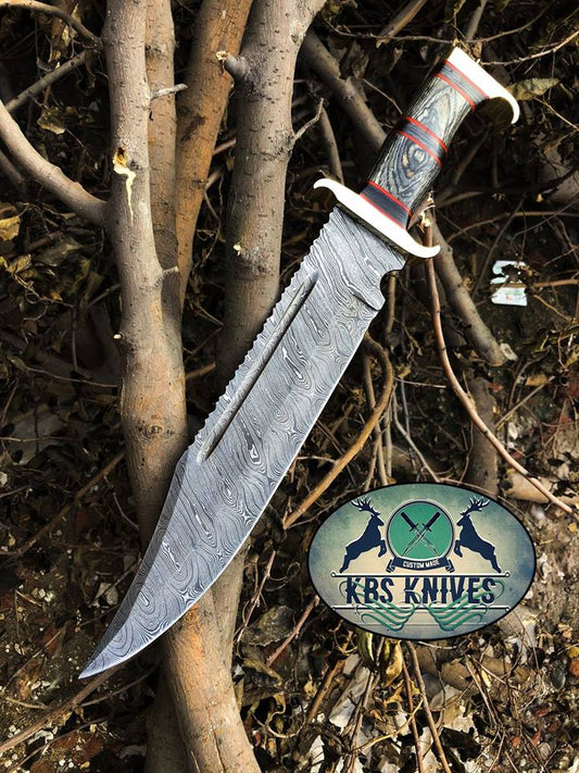 Western Outlaw Bowie Knife - Custom Handcrafted Damascus Steel Blade, Exotic Wood Handle, Red Fiber Spacers, Brass Guards, 16" Overall Length | Leather Sheath | KBS Knives