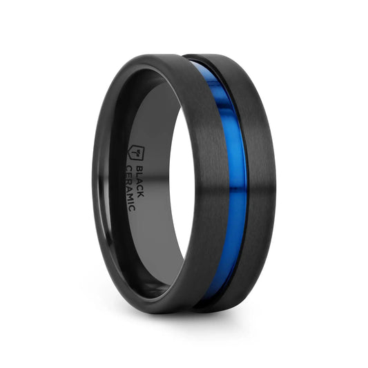 WESTLEY Flat Brushed Finish Black Ceramic Men’s Wedding Ring with Blue Grooved Center - 8mm