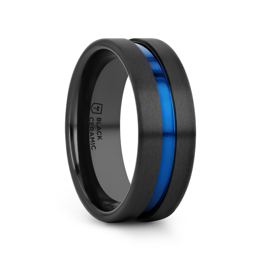 WESTLEY Flat Brushed Finish Black Ceramic Men’s Wedding Ring with Blue Grooved Center - 8mm
