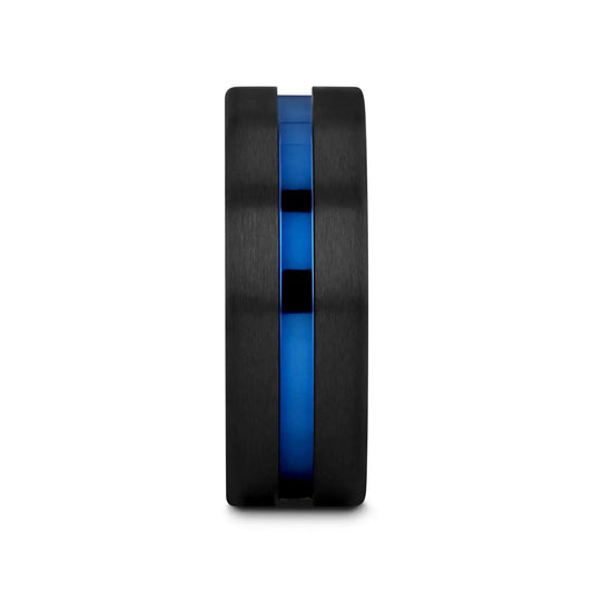 WESTLEY Flat Brushed Finish Black Ceramic Men’s Wedding Ring with Blue Grooved Center - 8mm