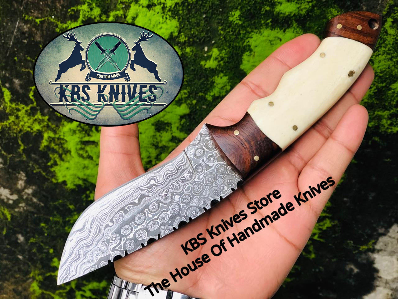 Raindrops Damascus Steel Skinning Knife - Rosewood Handle with Bone - 9 Inches - KBS Knives Store