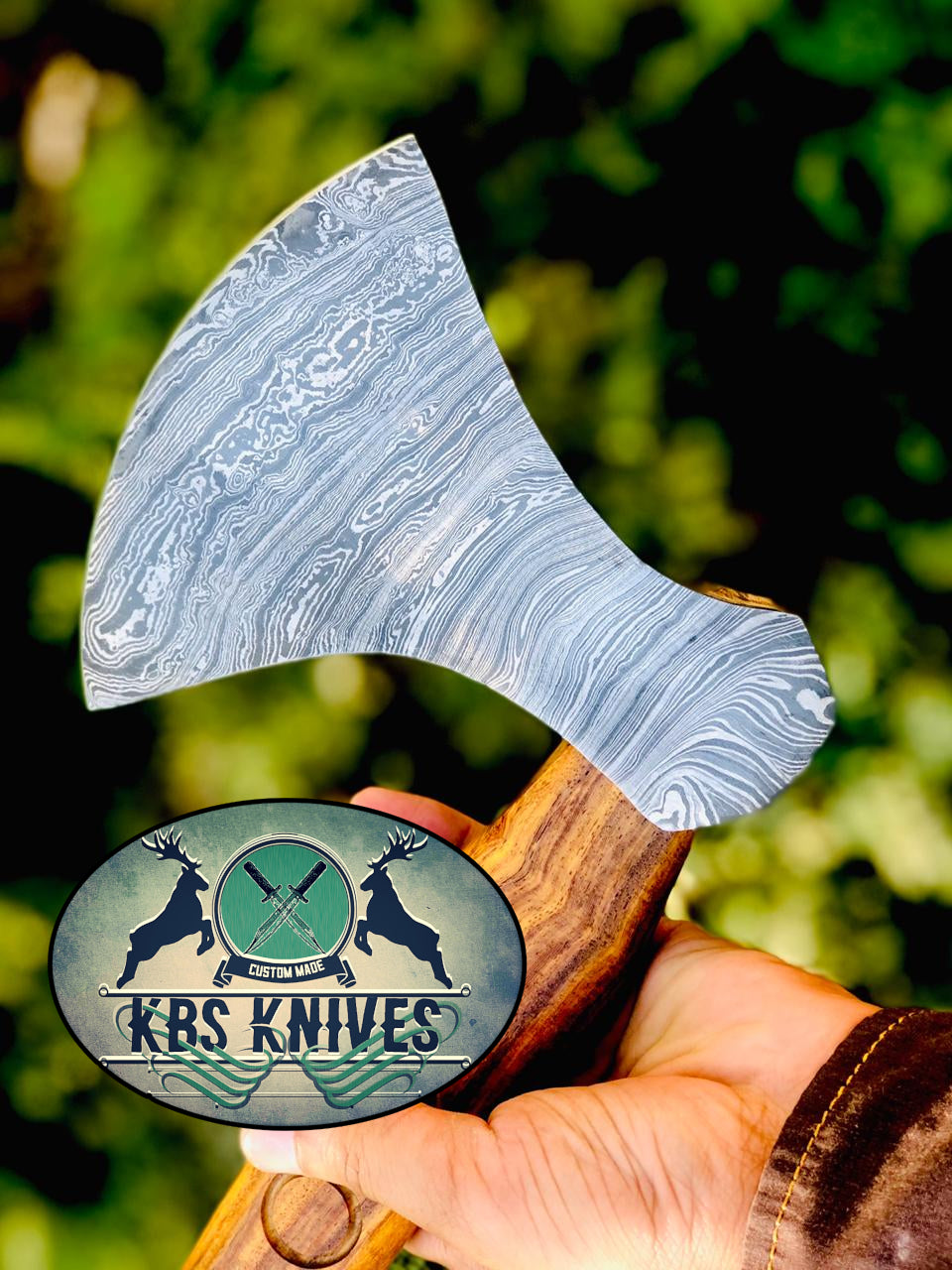 Handmade Damascus Steel Viking Beard Axe with Hand-Carved Rosewood Handle and Leather Sheath
