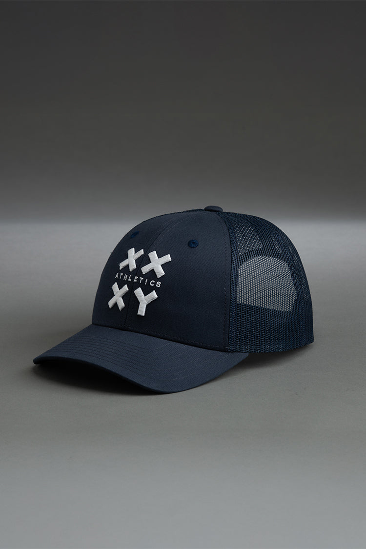 White Logo Trucker Cap on Navy