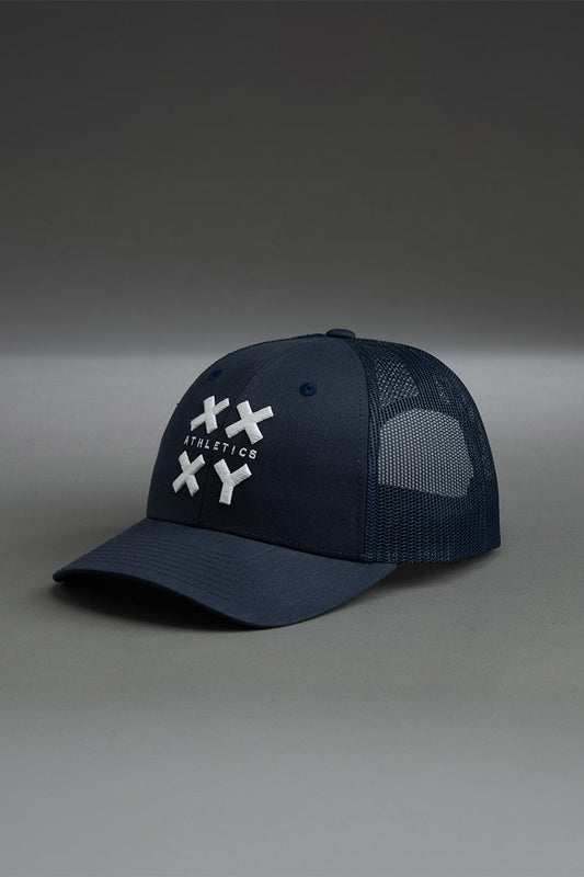 White Logo Trucker Cap on Navy