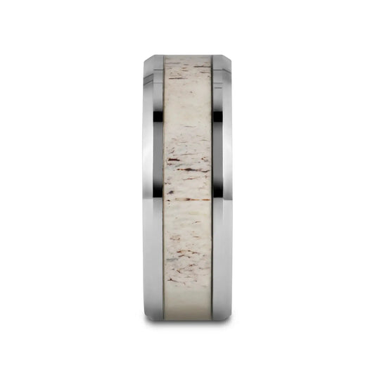 WHITETAIL Polished Beveled Tungsten Carbide Men's Wedding Band with Off-White Deer Antler Inlay - 8mm