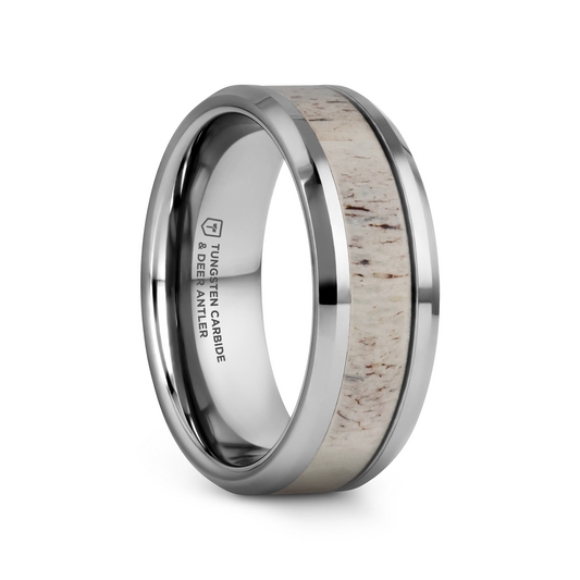 WHITETAIL Polished Beveled Tungsten Carbide Men's Wedding Band with Off-White Deer Antler Inlay - 8mm