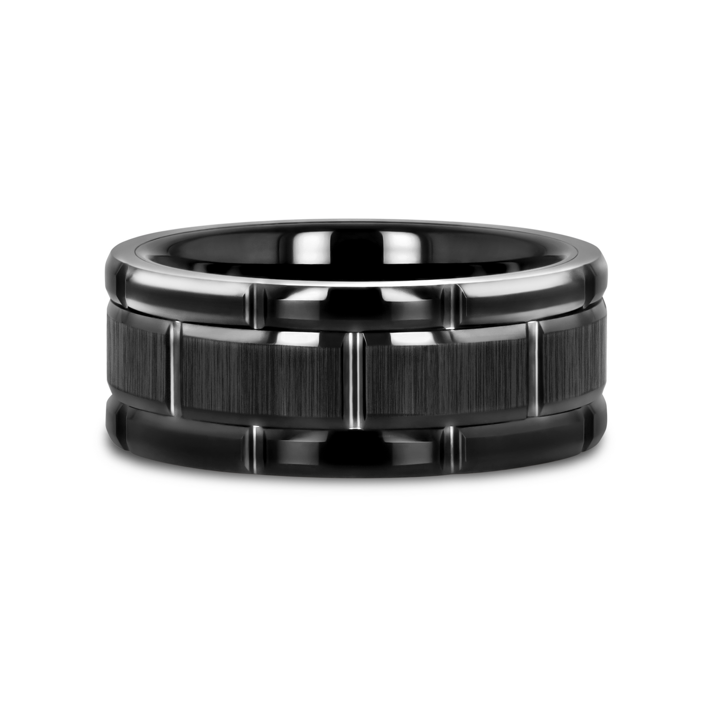 WINDSOR Beveled Black Tungsten Carbide Wedding Band with Brushed Center and Alternating Grooves – 8mm & 10mm