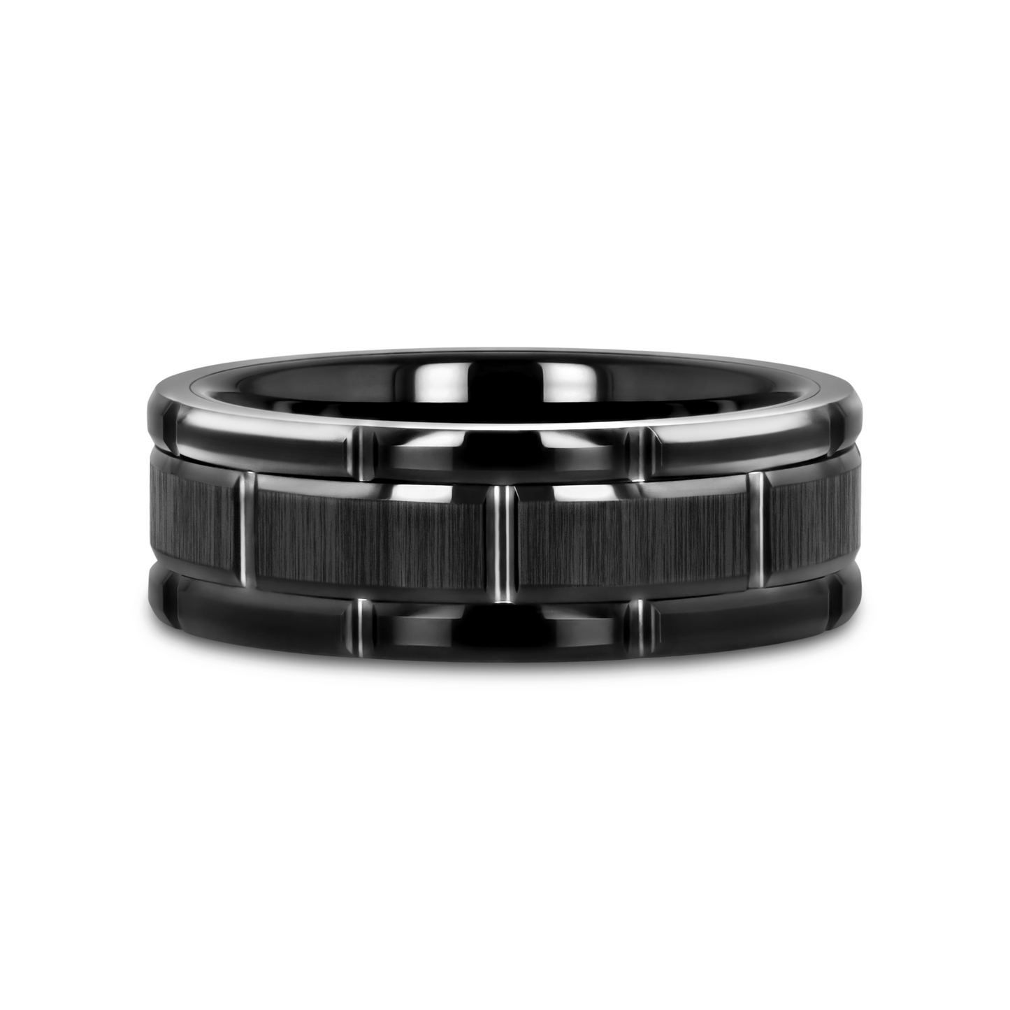 WINDSOR Beveled Black Tungsten Carbide Wedding Band with Brushed Center and Alternating Grooves – 8mm & 10mm