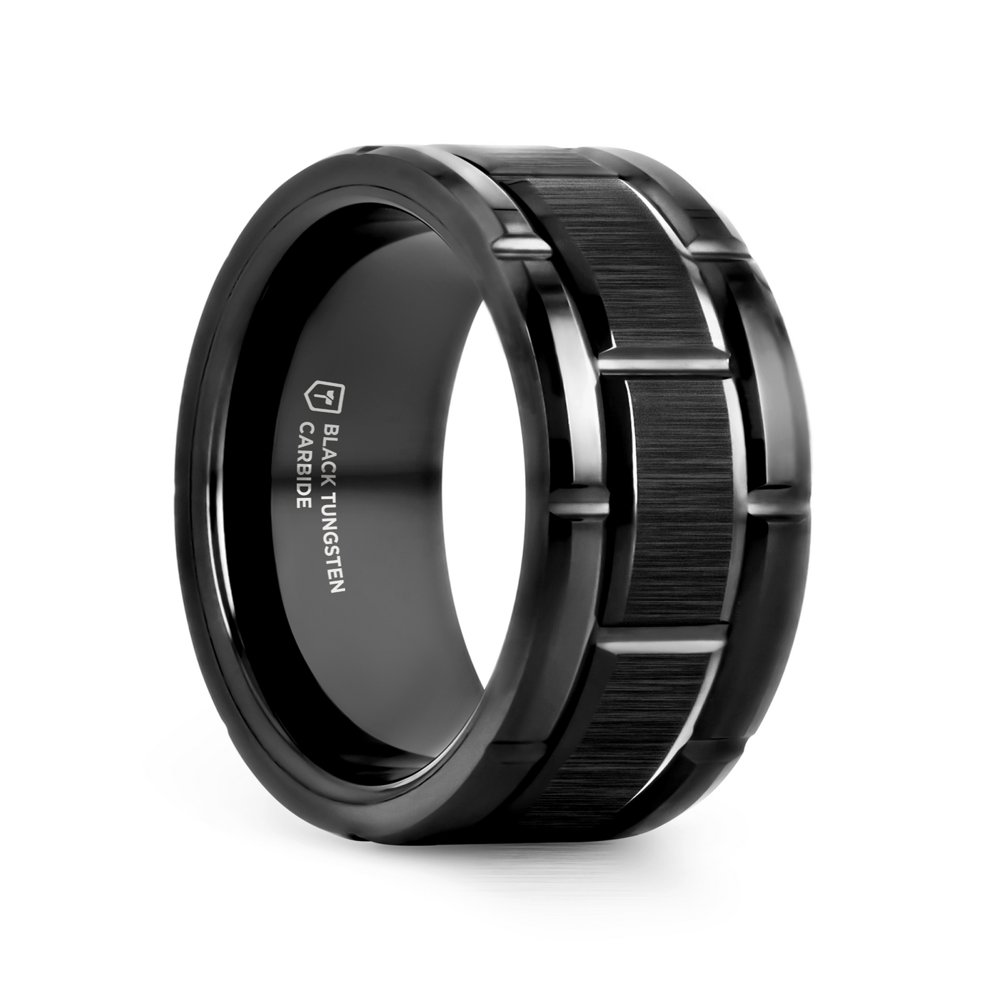 WINDSOR Beveled Black Tungsten Carbide Wedding Band with Brushed Center and Alternating Grooves – 8mm & 10mm