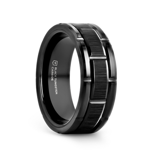 WINDSOR Beveled Black Tungsten Carbide Wedding Band with Brushed Center and Alternating Grooves – 8mm & 10mm