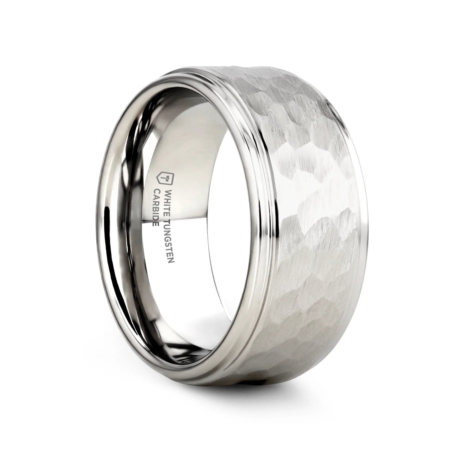 WINSTON White Tungsten Ring with Raised Hammered Finish and Polished Step Edges - 4mm - 10mm