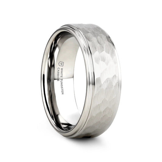 WINSTON White Tungsten Ring with Raised Hammered Finish and Polished Step Edges - 4mm - 10mm