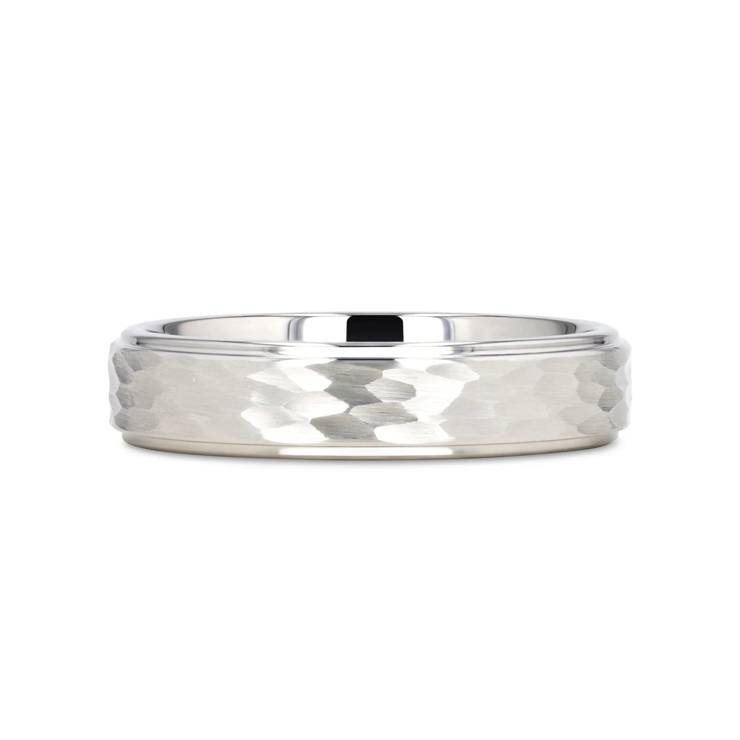 WINSTON White Tungsten Ring with Raised Hammered Finish and Polished Step Edges - 4mm - 10mm