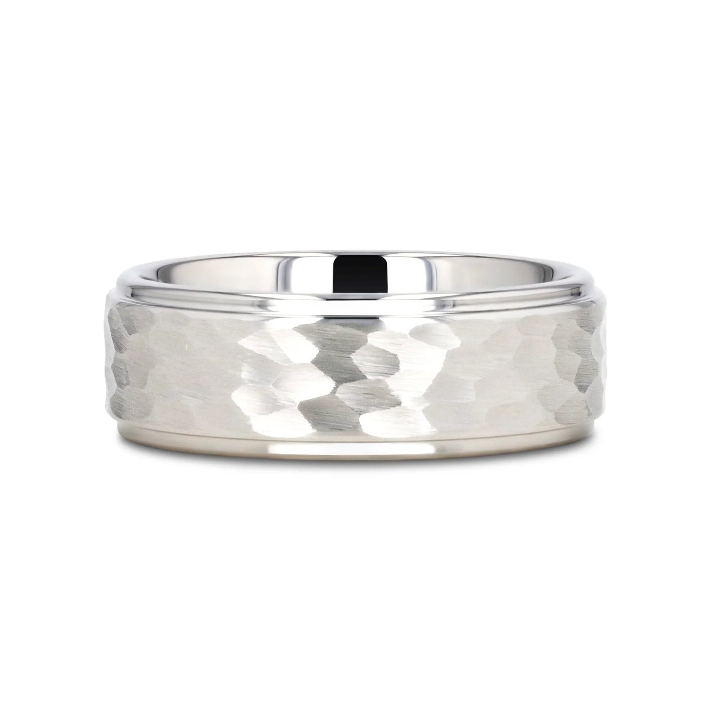 WINSTON White Tungsten Ring with Raised Hammered Finish and Polished Step Edges - 4mm - 10mm