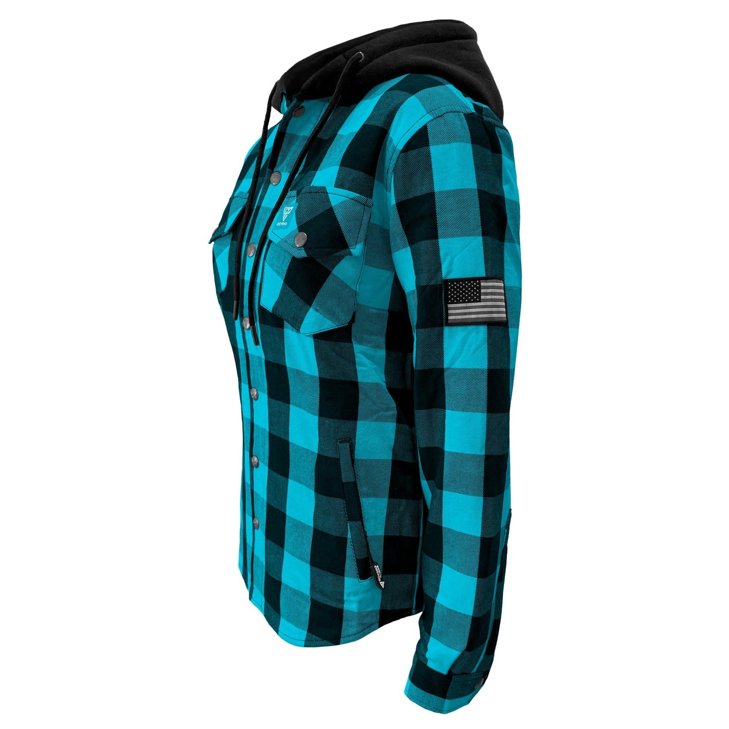 Protective Flannel Hoodie for Women - Aqua Blue and Black Checkered