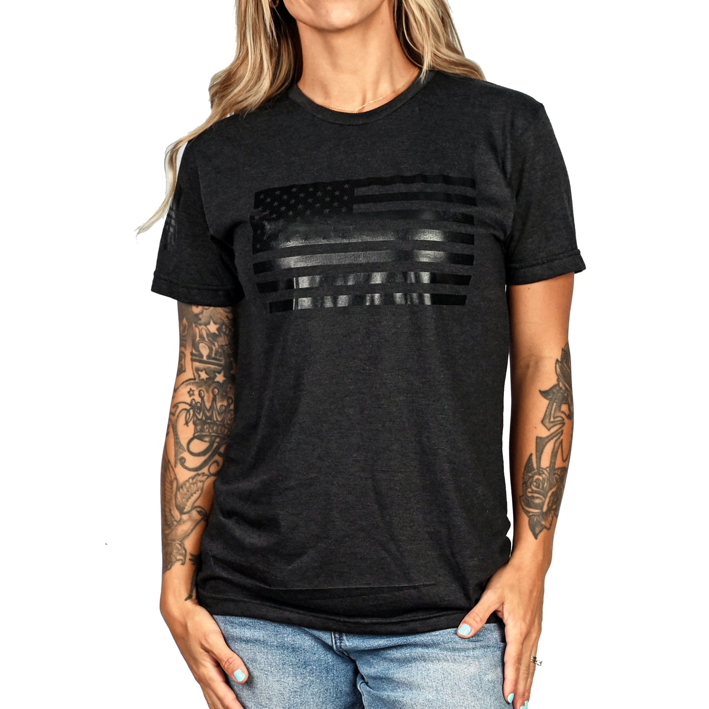 Women's Murdered Out American Flag Boyfriend Fit Patriotic T-Shirt - Heather Black