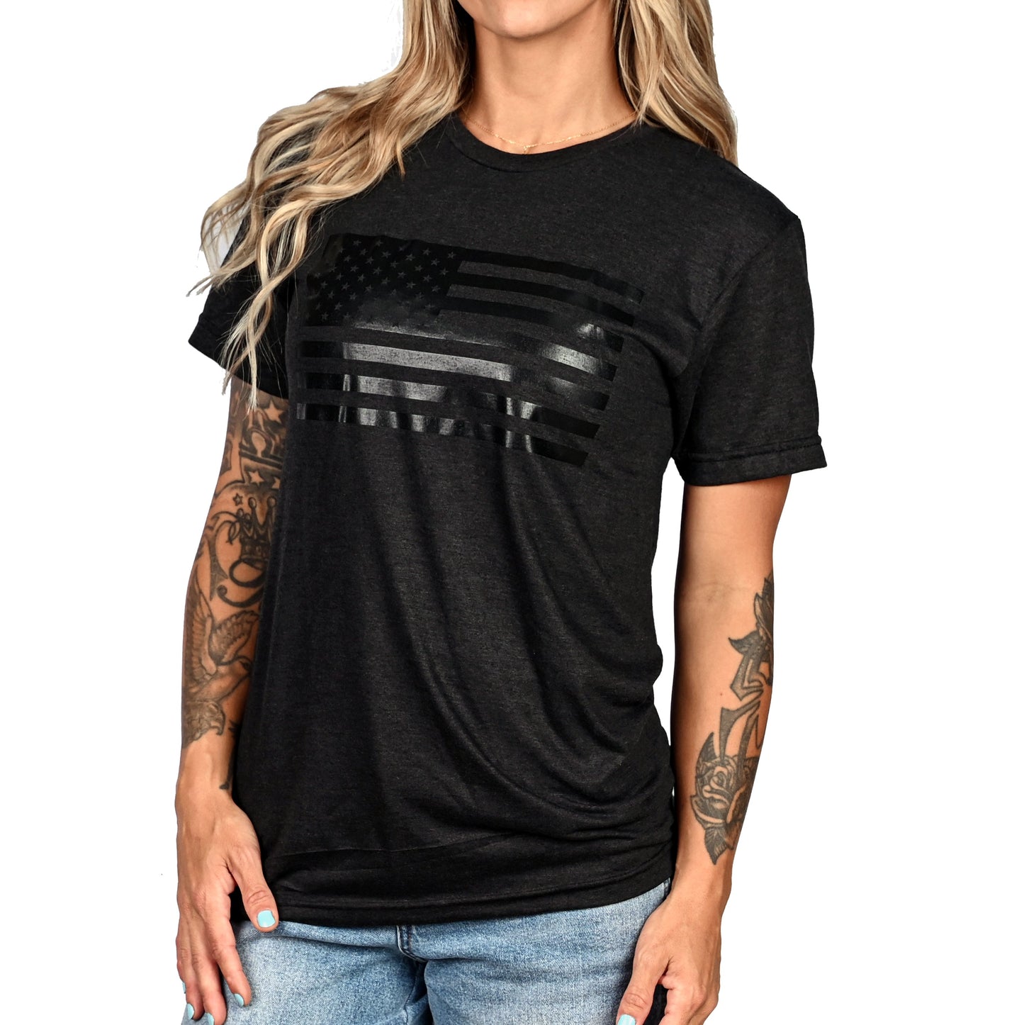 Women's Murdered Out American Flag Boyfriend Fit Patriotic T-Shirt - Heather Black