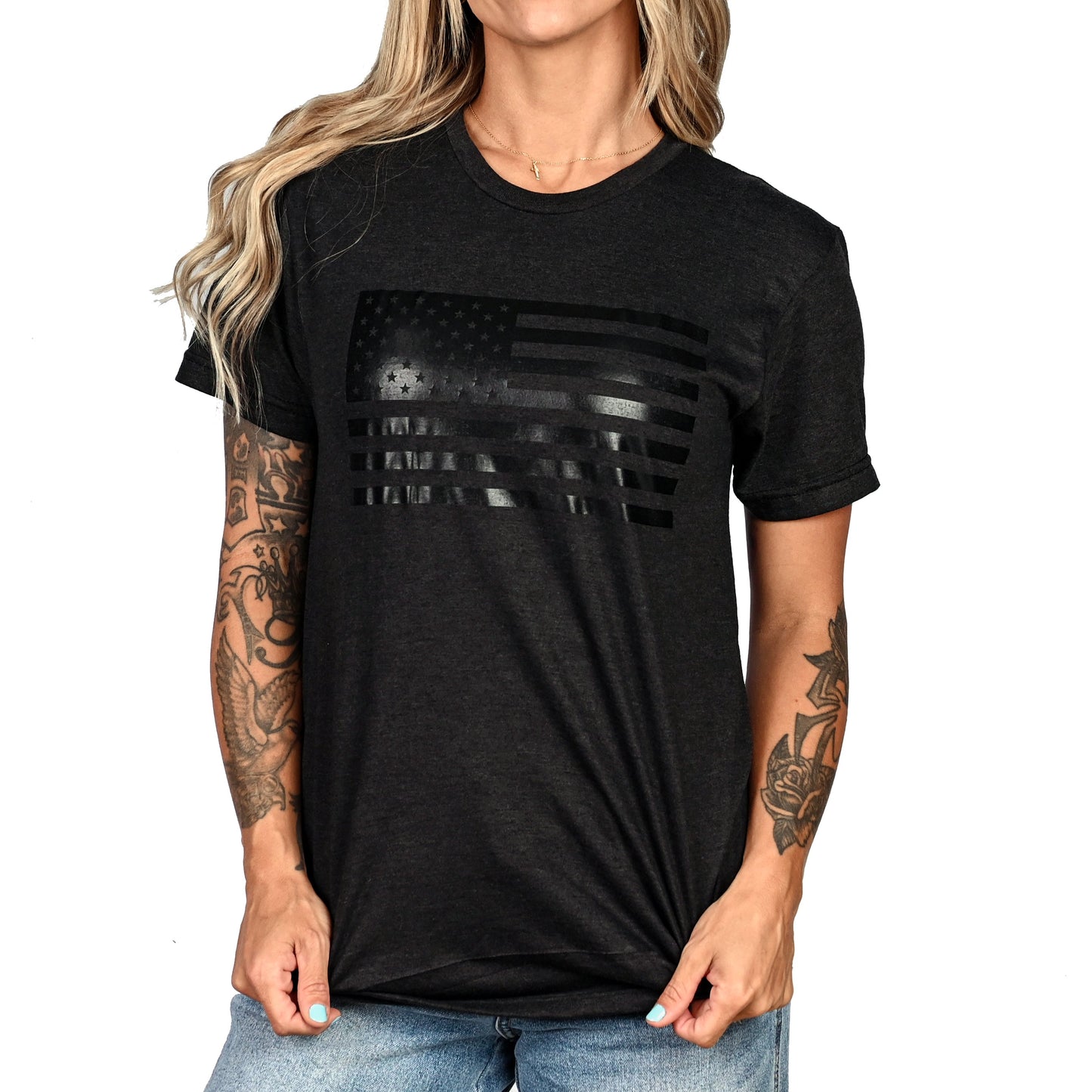 Women's Murdered Out American Flag Boyfriend Fit Patriotic T-Shirt - Heather Black
