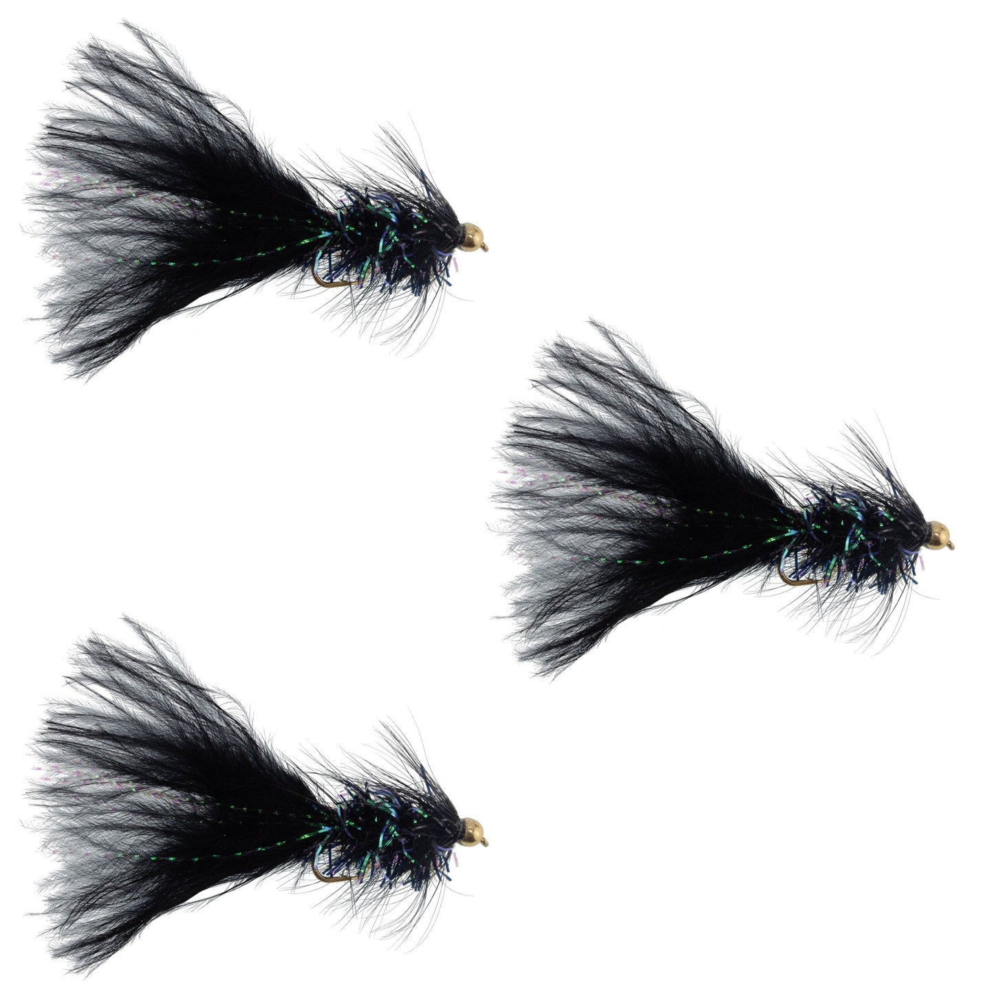 3 Pack Black Bead Head Crystal Woolly Bugger Streamer Flies Size 4