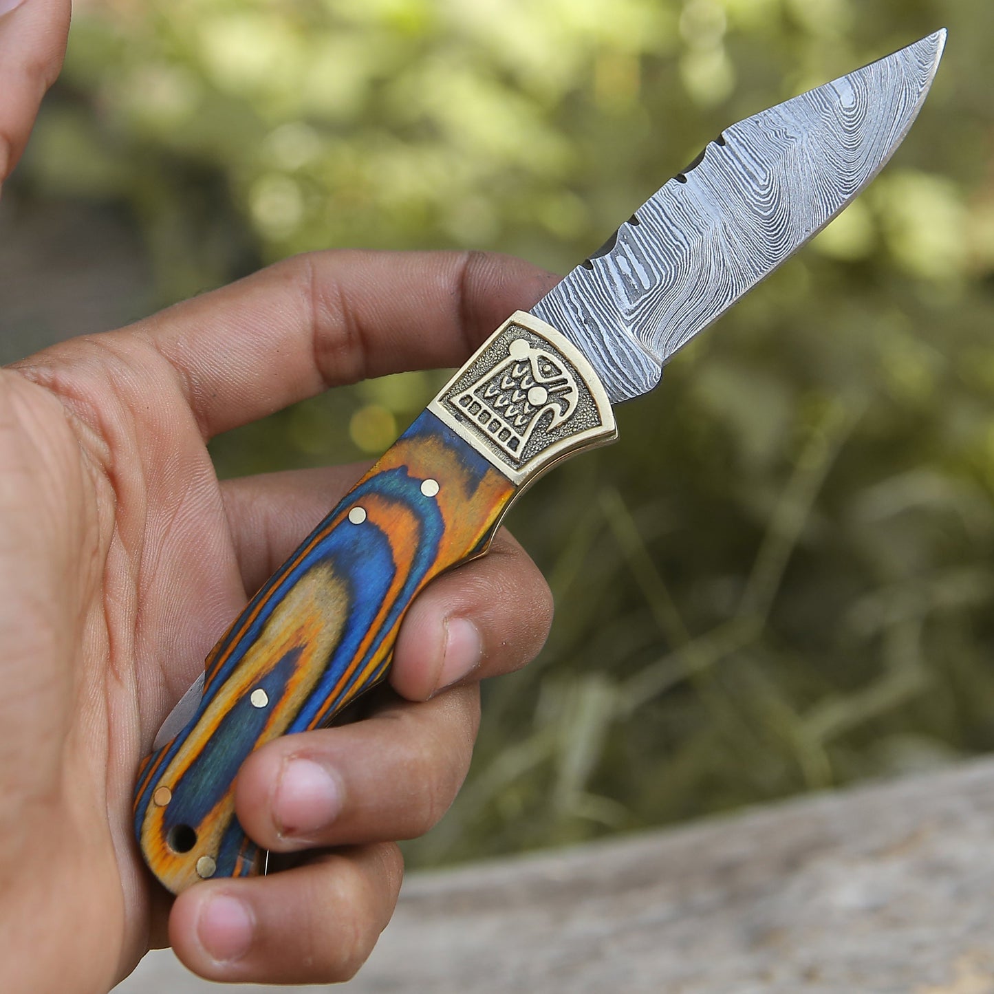 Custom Hand Forged Damascus Folding Knife Stain Wood Handle With Engraved Bolster WH 1558