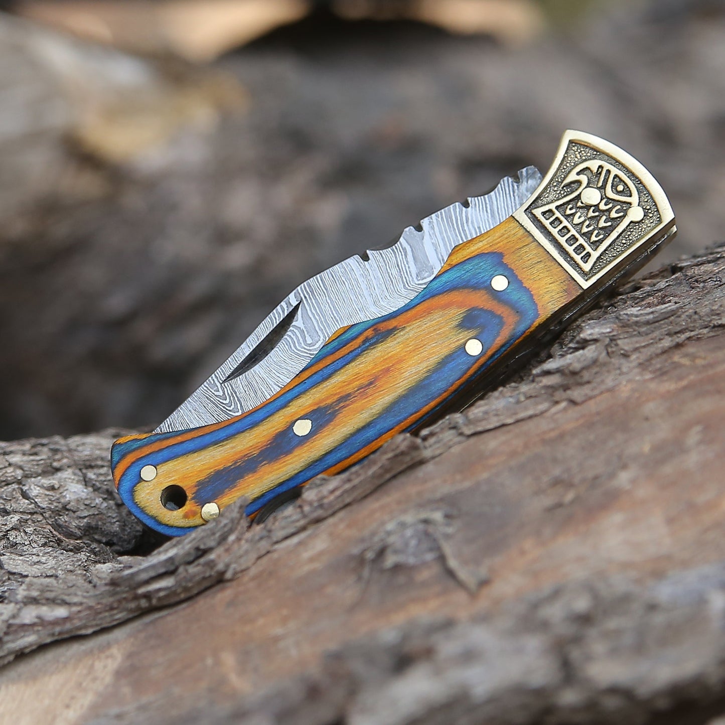 Custom Hand Forged Damascus Folding Knife Stain Wood Handle With Engraved Bolster WH 1558