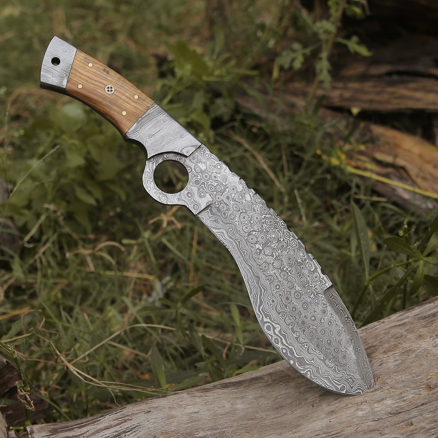 Custom Hand Made Forged Damascus Steel Hunting Kukri Knife Damascus Bolster Olive Wood Handle WH 2254